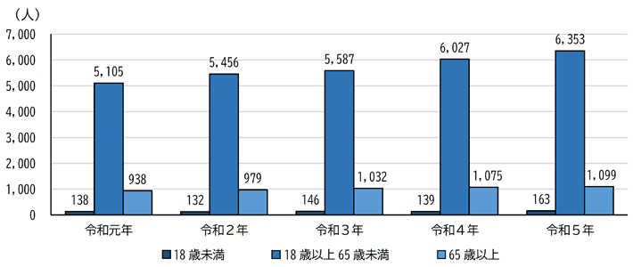 グラフ：年齢別精神障害者保健福祉手帳所持者の推移（各年4月1日現在）