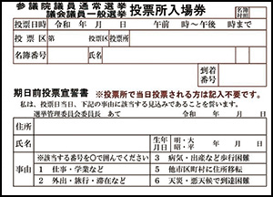 期日前投票時に使用する宣誓書の記入欄を設けた投票所入場券の例
