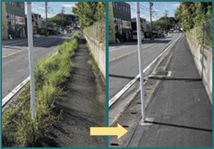 縁石周辺部に繫茂する雑草と除草作業後の歩道（池川富塚線・中央区）