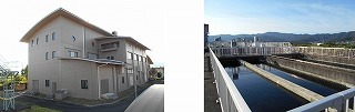 耐震化予定の汚泥処理棟（左）と最終沈殿池（右）