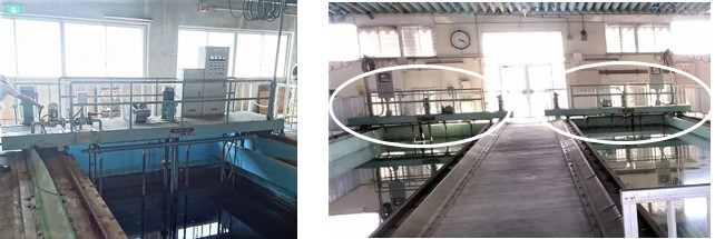 更新予定のろ過池走行台（ろ過池の逆洗用設備）