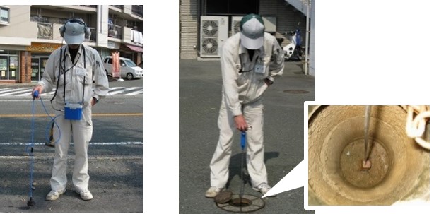 漏水探知機（左）と音聴棒（右）による漏水調査