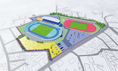 再整備が予定されている四ツ池公園内の陸上競技場（再整備案の1例）