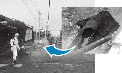 2024（令和6）年度に発生した、水道管の老朽化が原因の漏水（中央区東若林町）