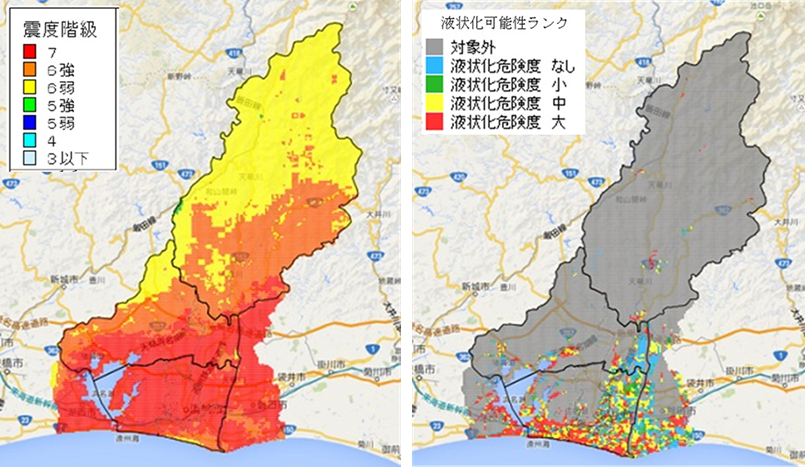 静岡県第4次地震被害想定 震度分布図・液状化可能性分布図(レベル2陸側ケース)