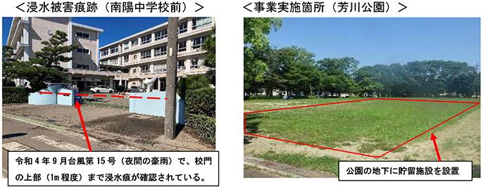 浸水被害痕跡(南陽中学校前) 事業実施箇所(芳川公園)